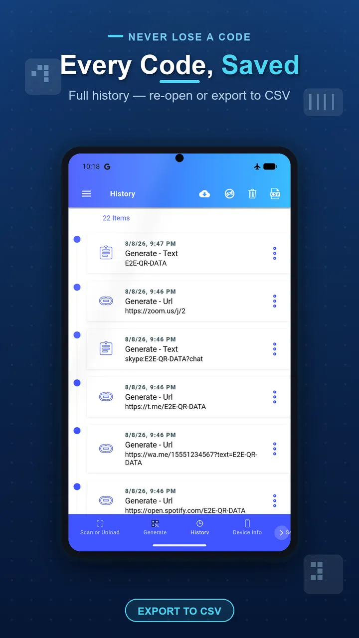 Barcode and QR Scanner history screen listing past scans