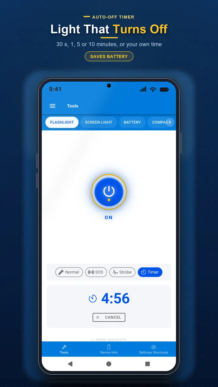 Flashlight Pro timer screen for scheduling auto-off