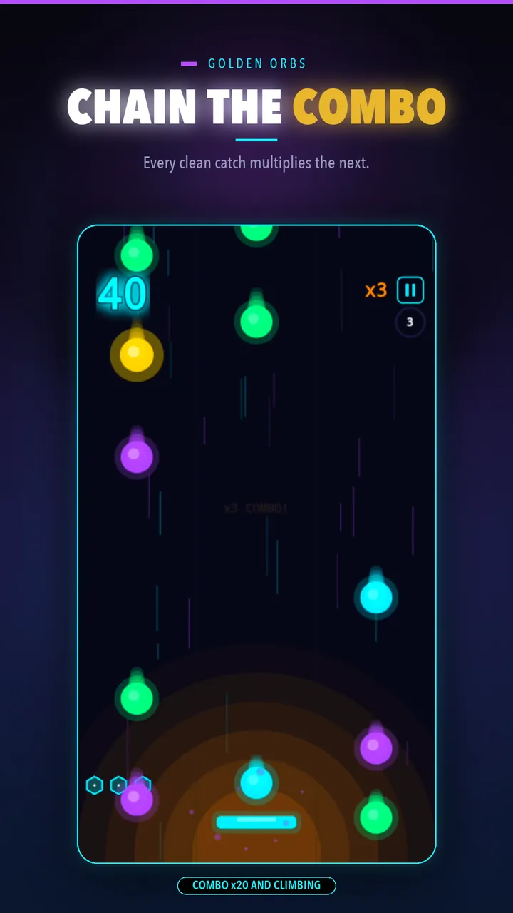 Neon Fall Rush combo meter screen showing a chained combo streak
