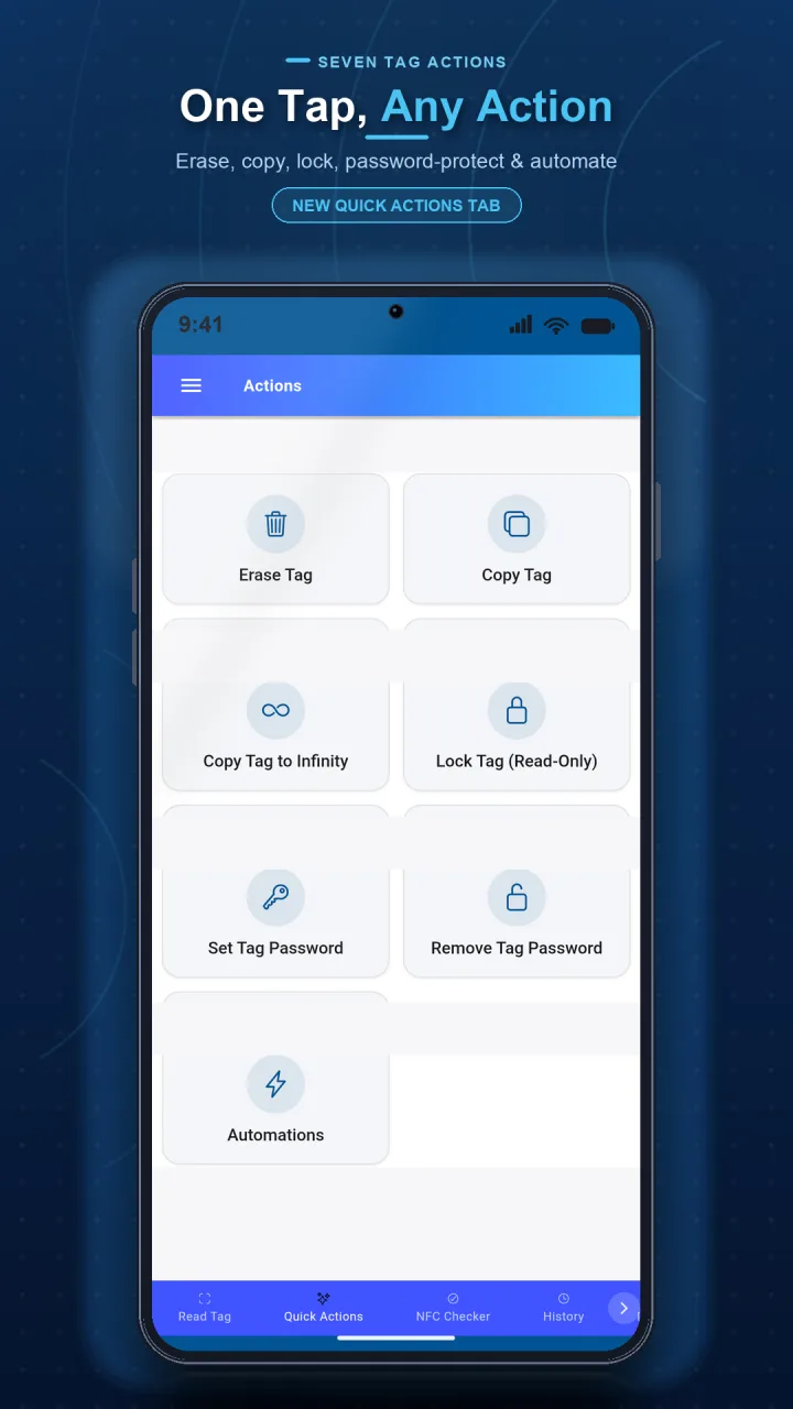 NFC Reader and Writer actions screen with tag operation choices