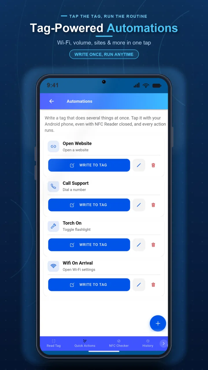 NFC Reader and Writer automations screen showing configured NFC actions