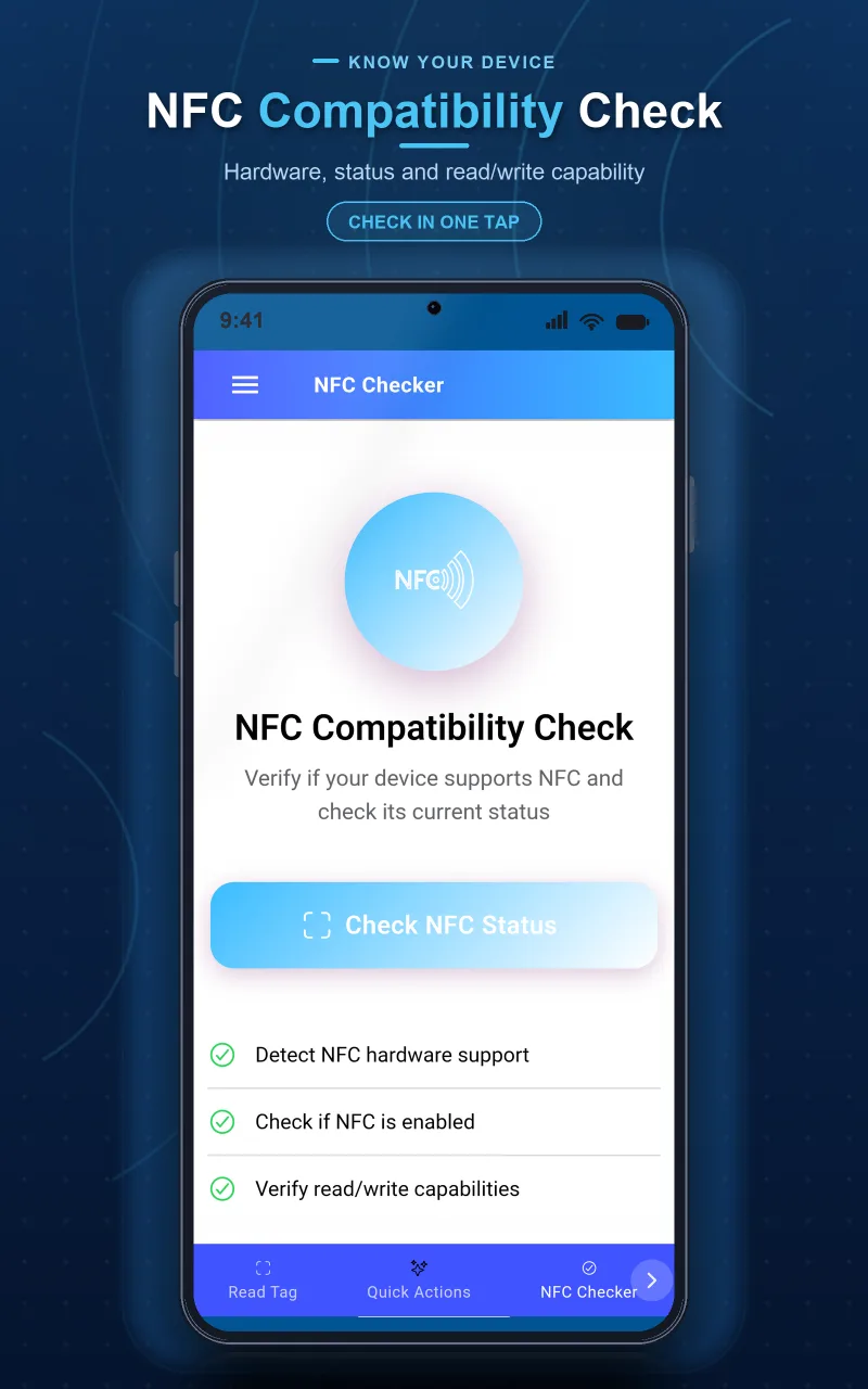 NFC compatibility checker displayed in the tablet layout