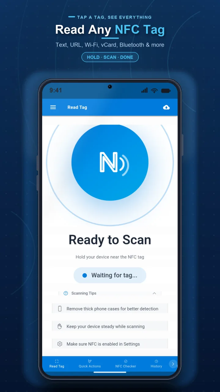 NFC Reader and Writer read screen waiting for an NFC tag