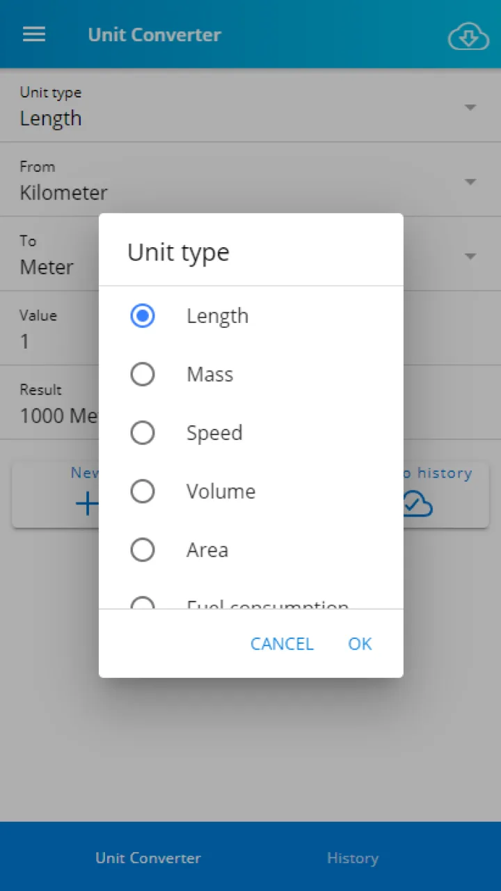Unit Converter unit-type picker dialog listing Length, Mass, Speed, Volume, Area and Fuel consumption