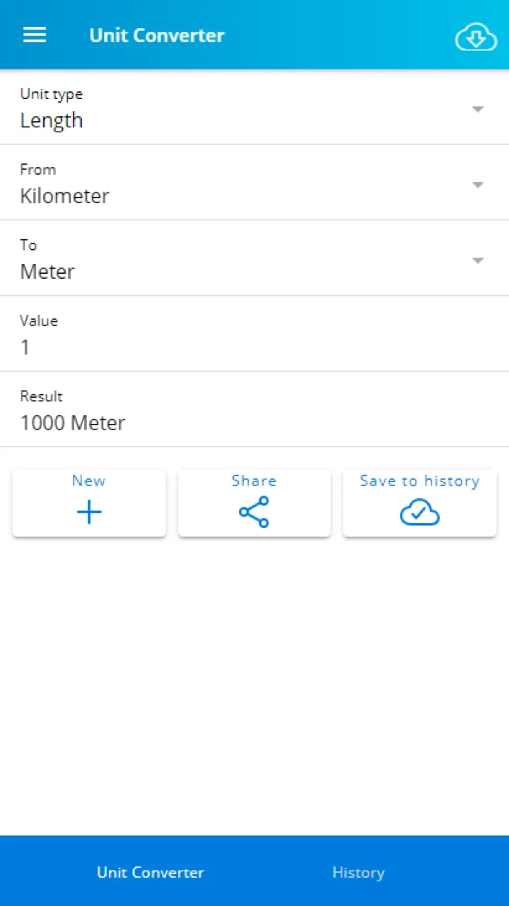 Unit Converter screen converting 1 Kilometer to 1000 Meter, with New, Share and Save to history buttons