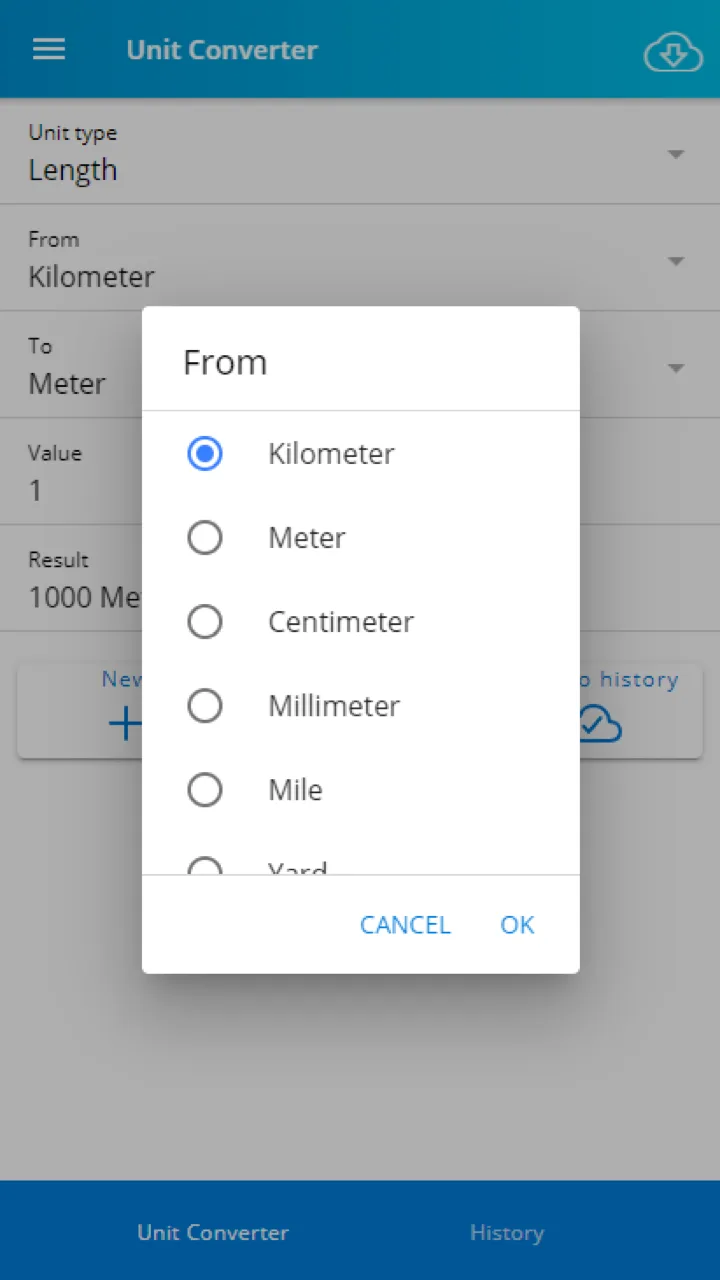 Unit Converter "From" unit picker dialog listing Kilometer, Meter, Centimeter, Millimeter and Mile, with Kilometer selected